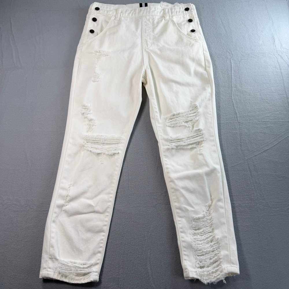 White Summer Distressed Denim Overalls Womens XS Boho Casual Coastal Clean Girl - Picture 4 of 13